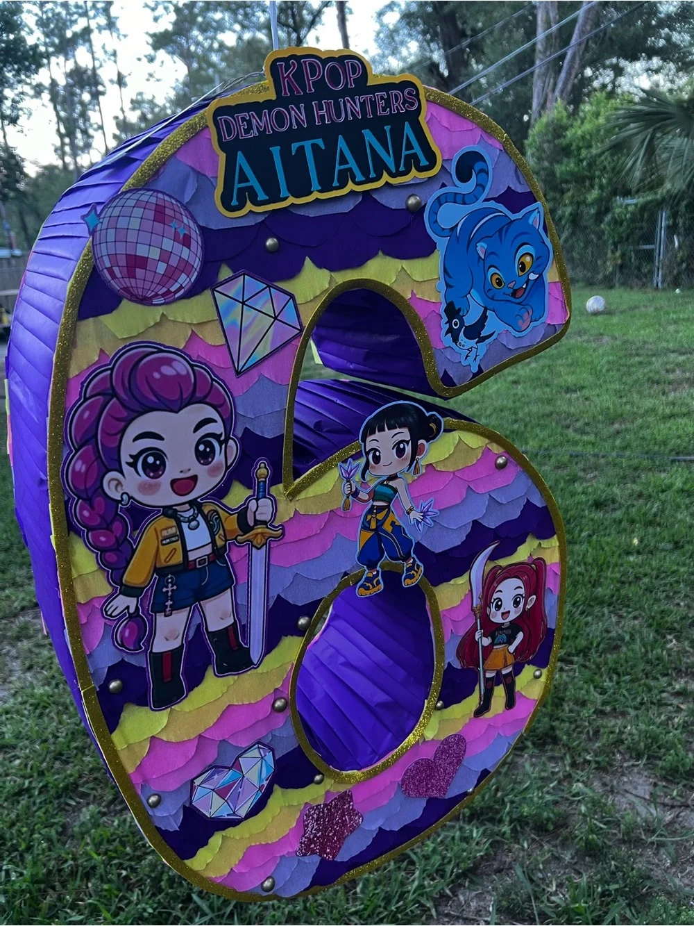 Custom K-Pop Demon Hunters Number 6 Party Decor - Pink Purple Yellow